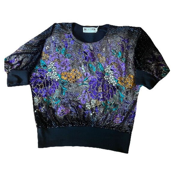 Vintage 80s Batwing Floral Embellished Purple Gold Glitter Top Glam Retro - Picture 3 of 8